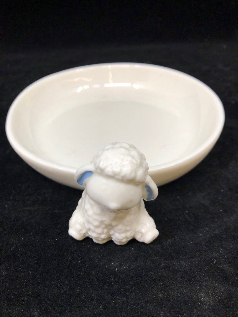 WHITE CATCH-ALL DISH W/BABY LAMB BLUE EARS.