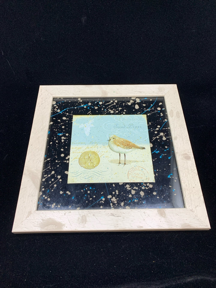 SAND PIPER PRINT IN WHITE WOOD FRAME.