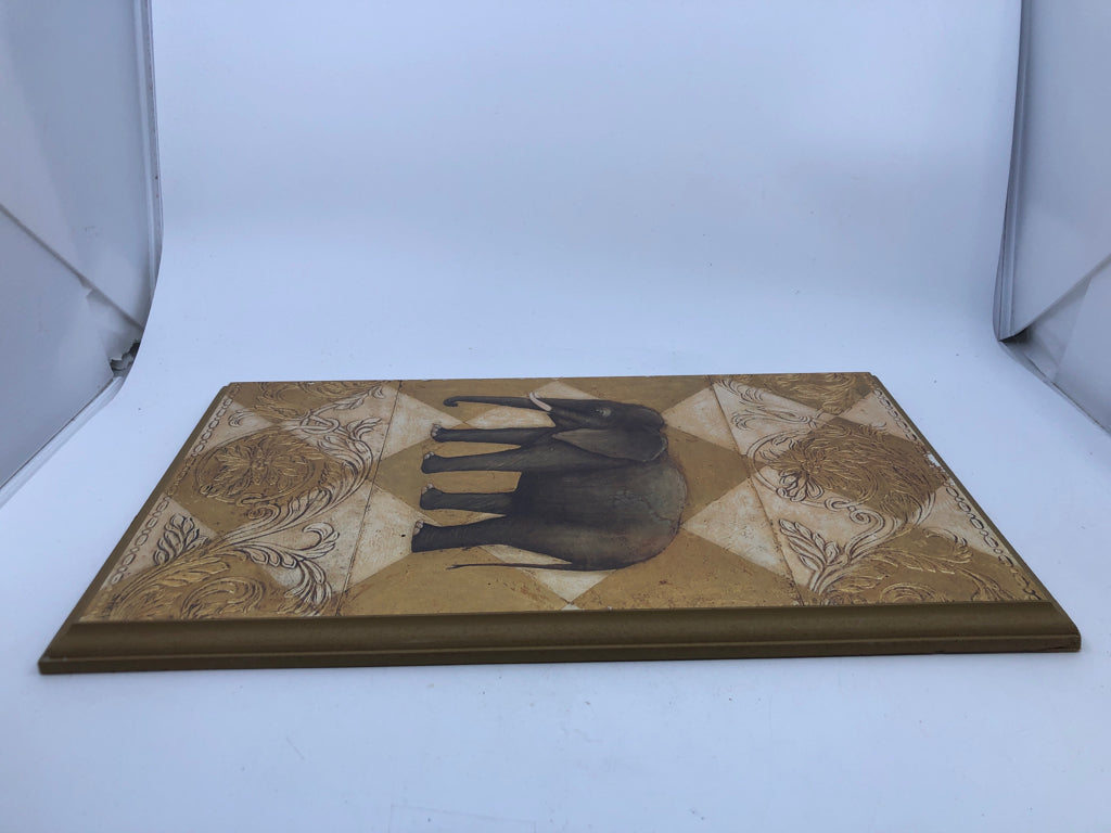 WOOD ELEPHANT AND LEAVES WALL HANGING.