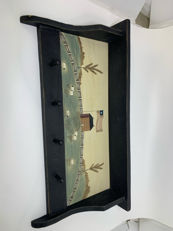 HOUSE W/ SHEEP BLACK HOOK WALL HANGING.