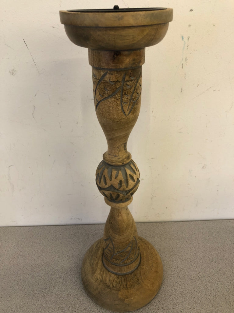 LARGE WOOD PILLAR CANDLE HOLDER W/ CARVINGS.