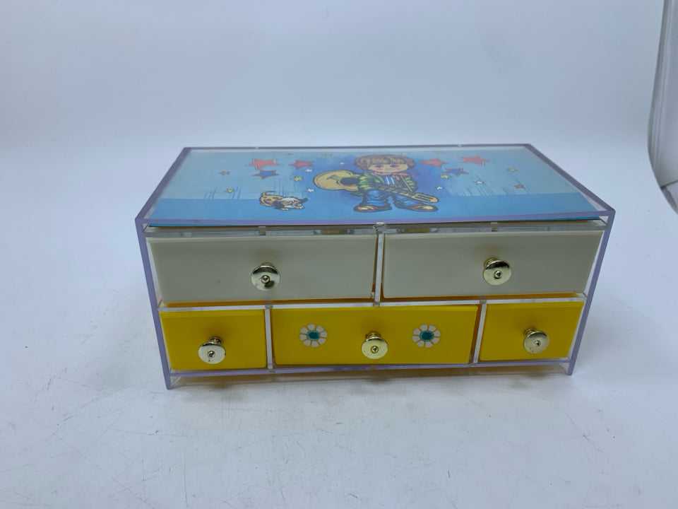 VTG PLASTIC 5 DRAWER KIDS JEWELRY BOX W/ BOY HOLDING GUITAR BRITISH DESIGN REGIS