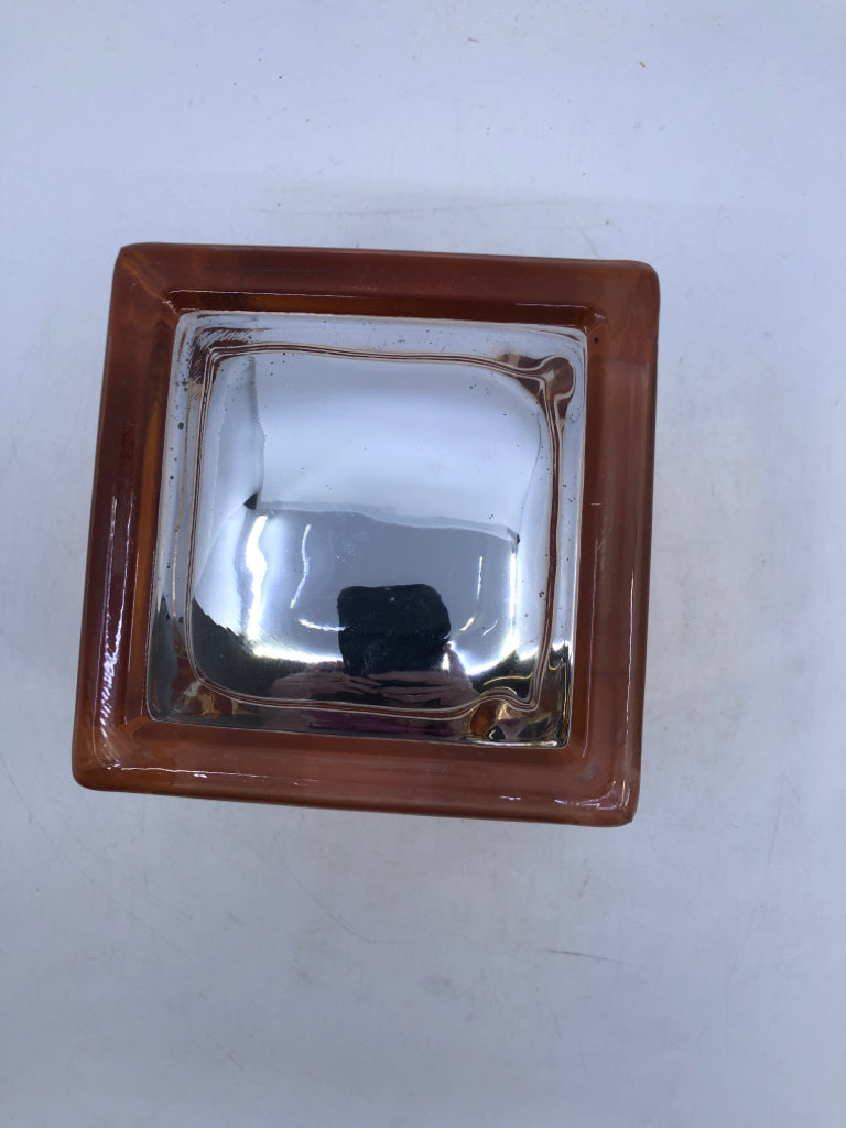 THICK GLASS PAINTED ROSE GOLD SQUARE CANDLE HOLDER.