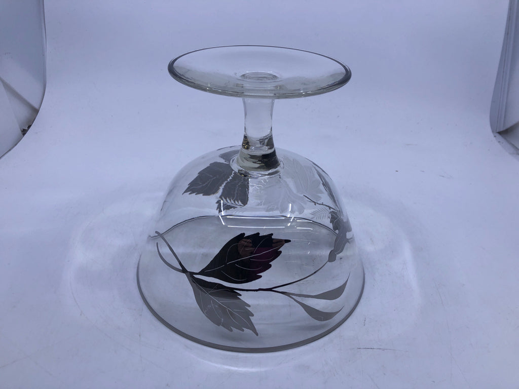 VTG FROSTED LEAF PATTERN FOOTED DISH W SILVER ACCENTS.