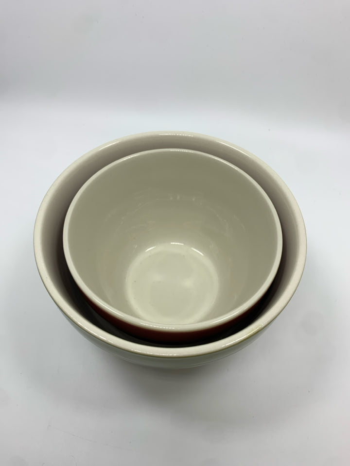 2 CERAMIC RED & GREEN RIBBED BEEHIVE NESTING BOWLS.