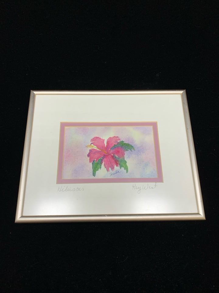 PINK HIBISCUS WATERCOLOR IN PINK FRAME.