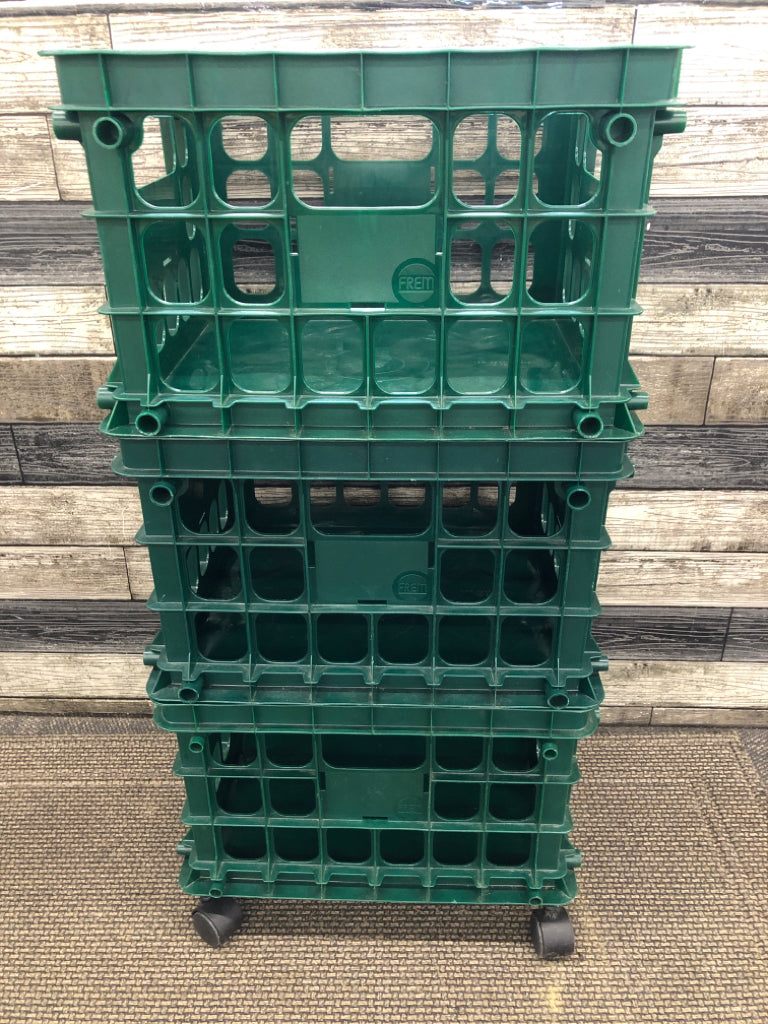 3PC STACKED GREEN ROLLING CRATE.