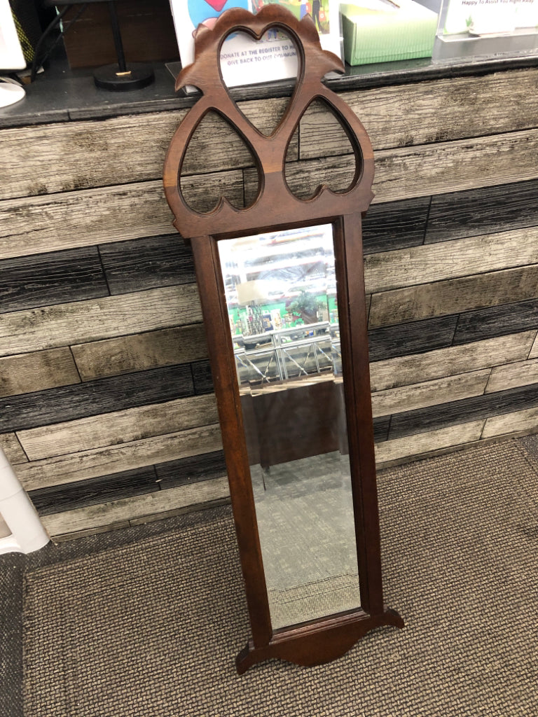 VERTICAL WOODEN HEART COURTING MIRROR.