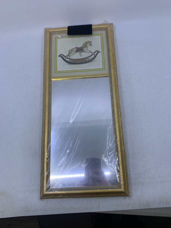 WHITE ROCKING HORSE TOP W/ MIRROR RECTANGLE GOLD FRAME.