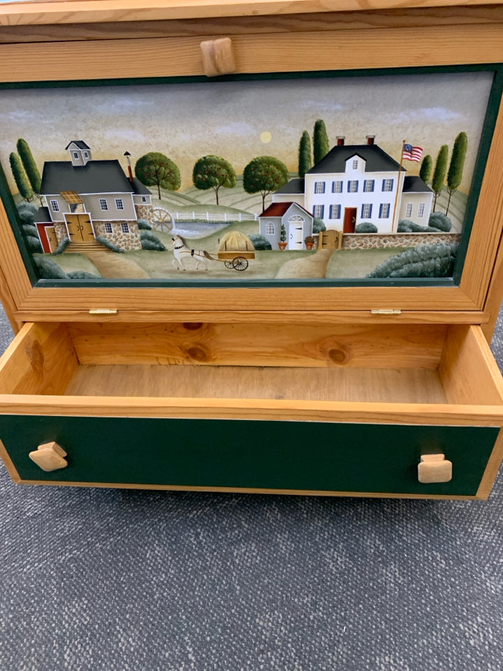 HAND-PAINTED GREEN & WOOD FOLK ART CABINET W/DRAWER.