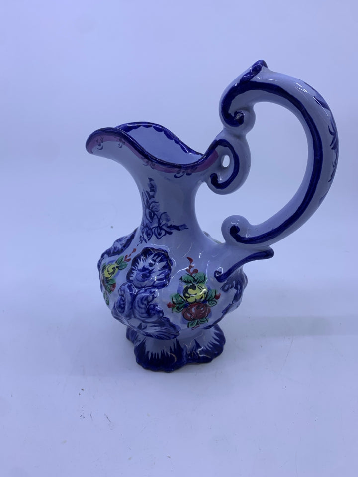 PALE BLUE FLORAL PAINTED PITCHER VASE.