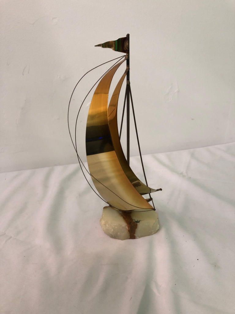 VTG BRASS SAIL BOAT ON ROCK SLAB SIGNED DEMOTT.