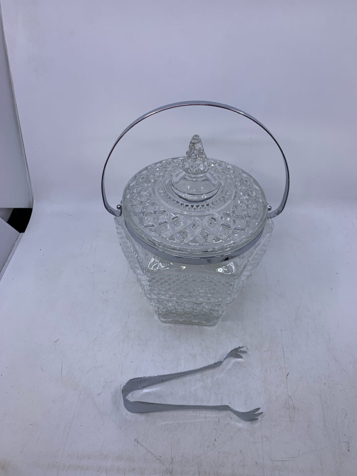 CUT GLASS ICE BUCKET W/ LID METAL HANDLE+TONGS.