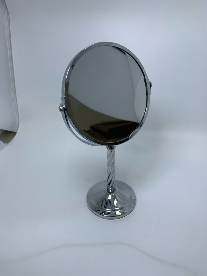 SILVER METAL SMALL VANITY STANDING MIRROR.