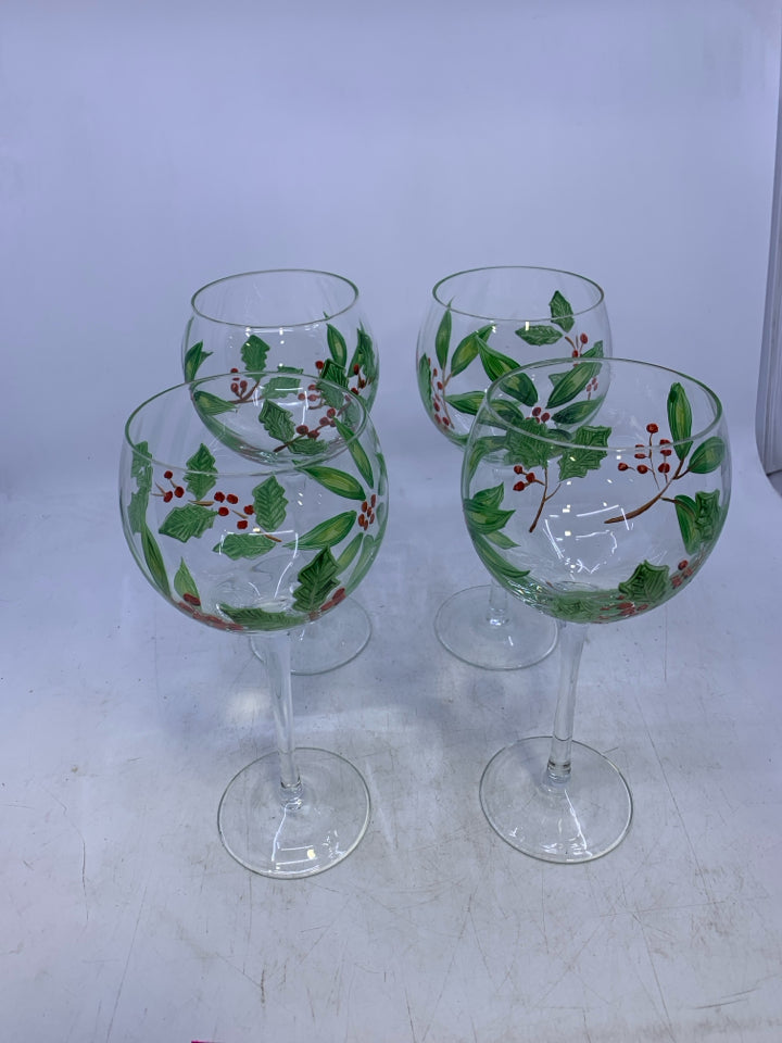 4 HOLLY LEAVES PAINTED WINE GLASSES.