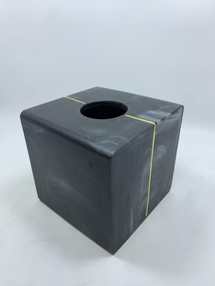 BLACK MARBLE TISSUE HOLDER W/GOLD ACCENTS.