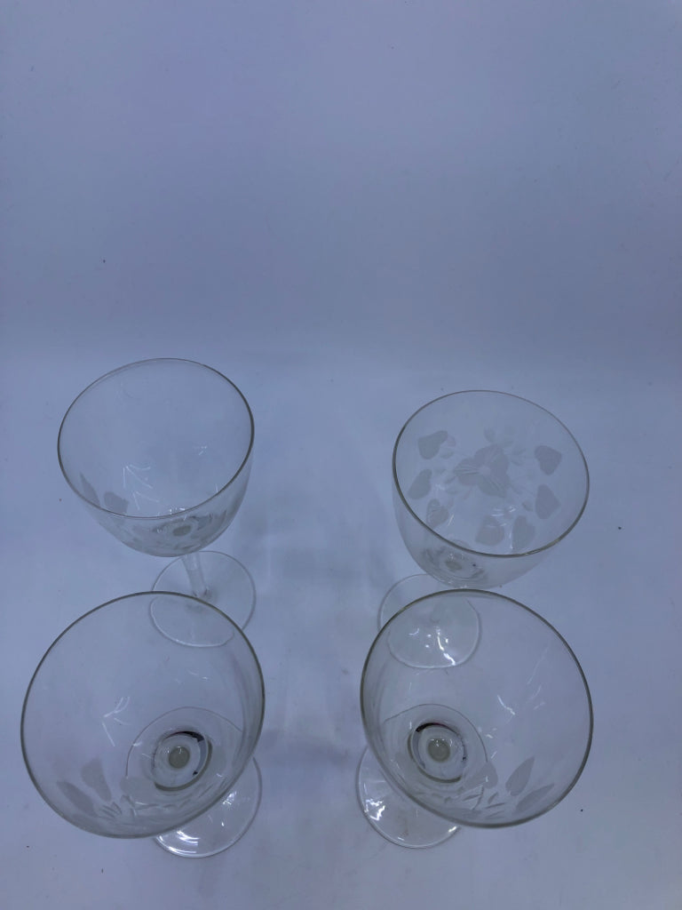 4 LIGHT WHITE ETCHED FLORAL WINE GLASSES.