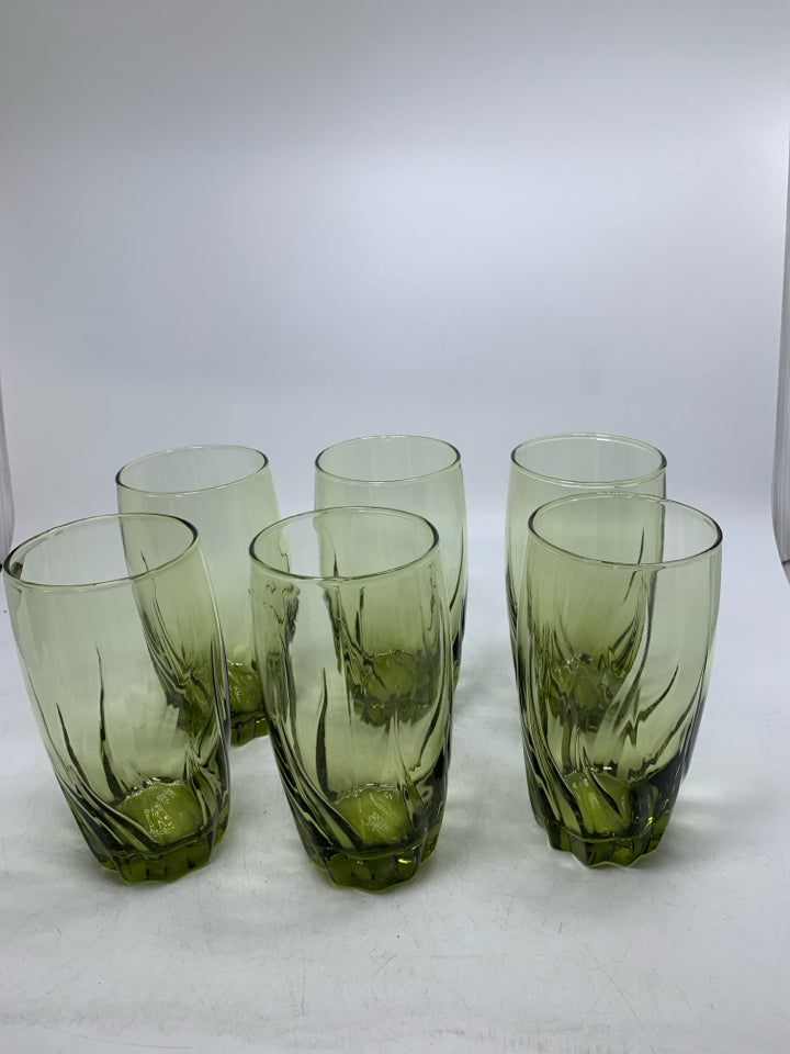 6 VTG AVOCADO GREEN SWIRL WAVE WATER GLASSES.