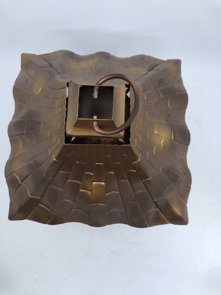BRONZE METAL LANTERN WITH EMBOSSED FLOWER DESIGN ON GLASS AND FROSTED GLASS PANE