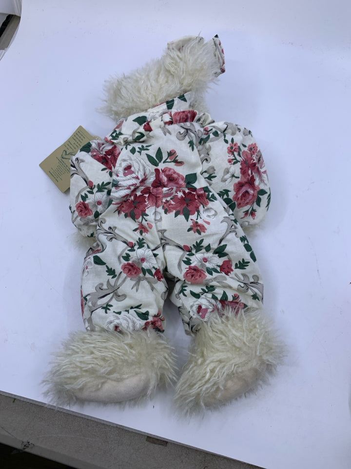 WHITE SHAG BEAR W/ FLORAL JUMPSUIT BOYDS BEAR.