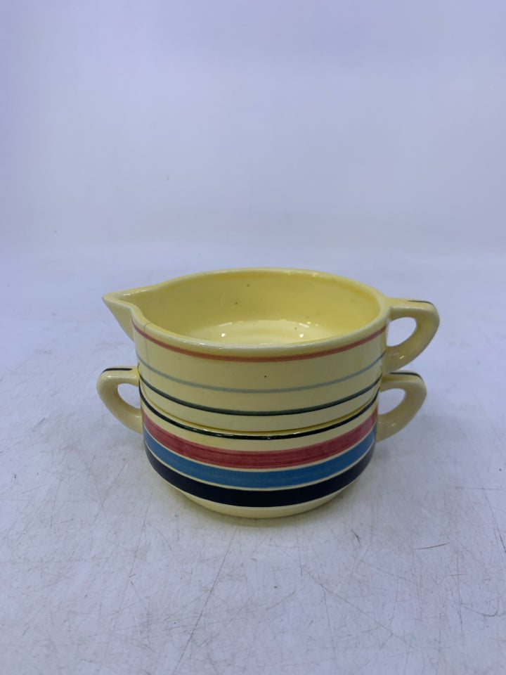VTG STACKING GERMAN SUGAR/CREAMER W/ COLORFUL STRIPES.