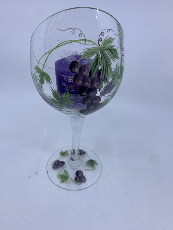 SLANTED GRAPE PAINTED CANDLE HOLDER.