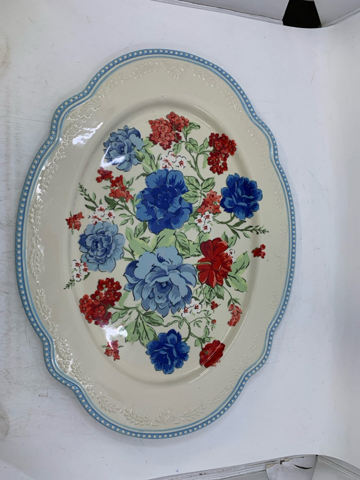 LARGE RE,BLUE FLORAL BEADED EDGE SERVING PLATTER.