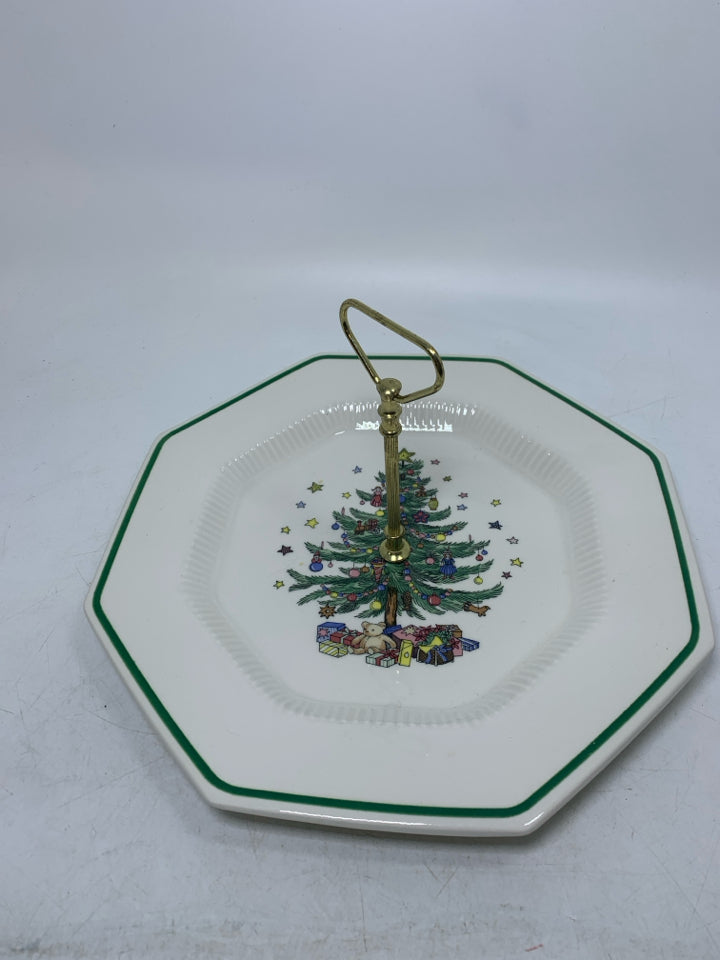 WHITE OCTAGON SERVING TRAY W/ CHRISTMAS TREE & TOYS NIKKO W/ POST HANDLE.