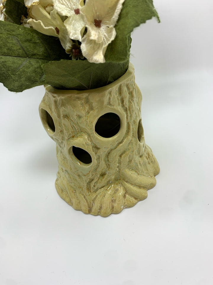 WHITE BARK VASE W/FAUX WHITE FLOWERS.