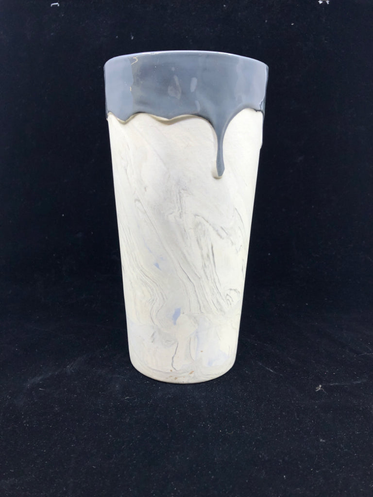SKINNY WHITE MARBLE W GREY DRIP VASE.