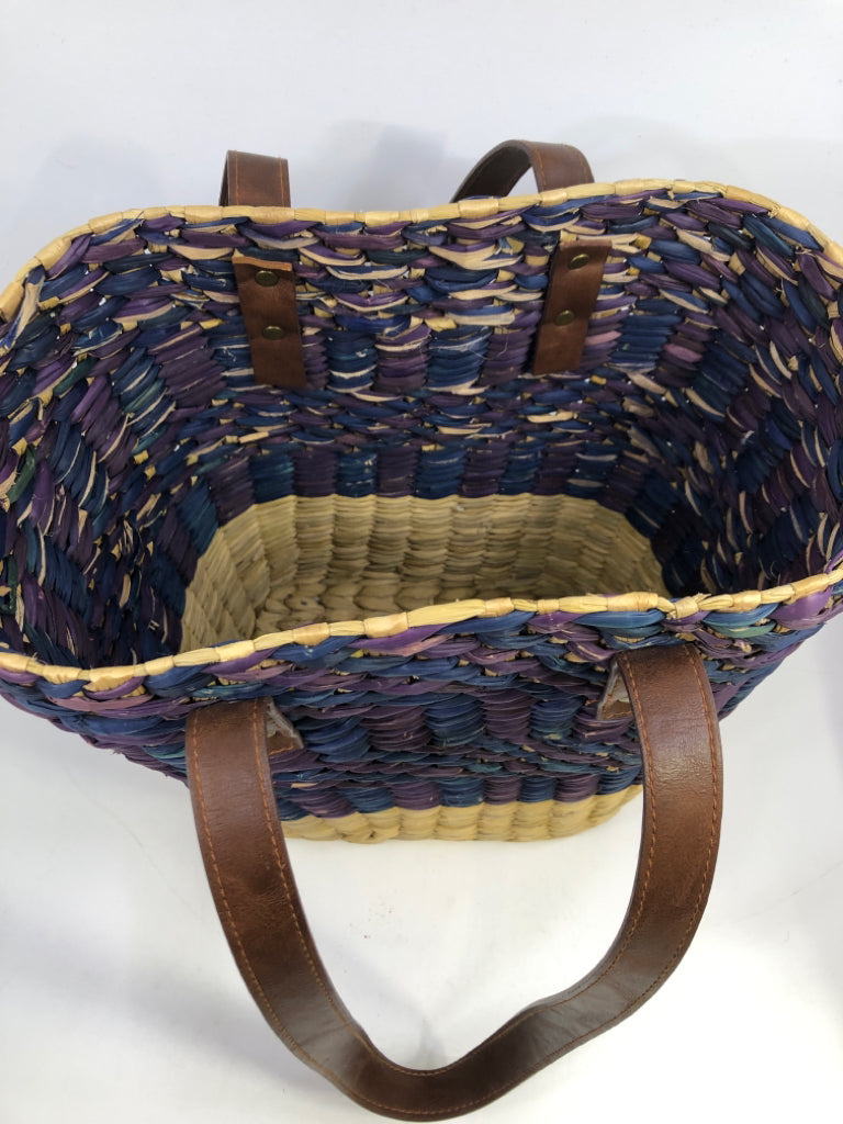 WOVEN STRAW TOTE W/PURPLE & BLUE & HANDLES NATURAL LIFE.