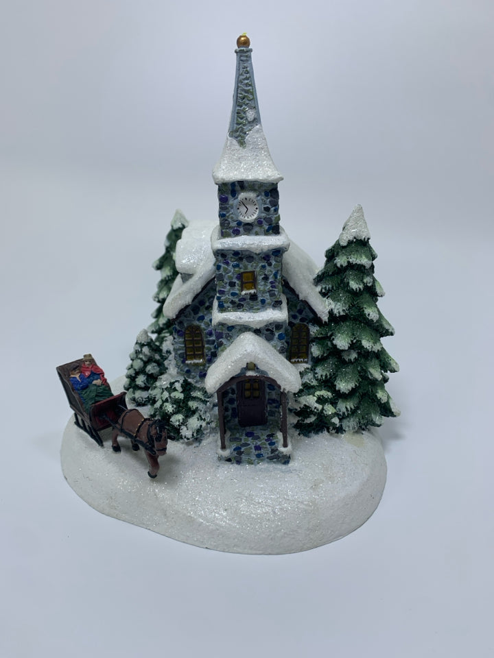 THOMAS KINKADE "SUNDAY EVENING SLEIGH RIDE LIGHT UP SNOWY CHURCH.