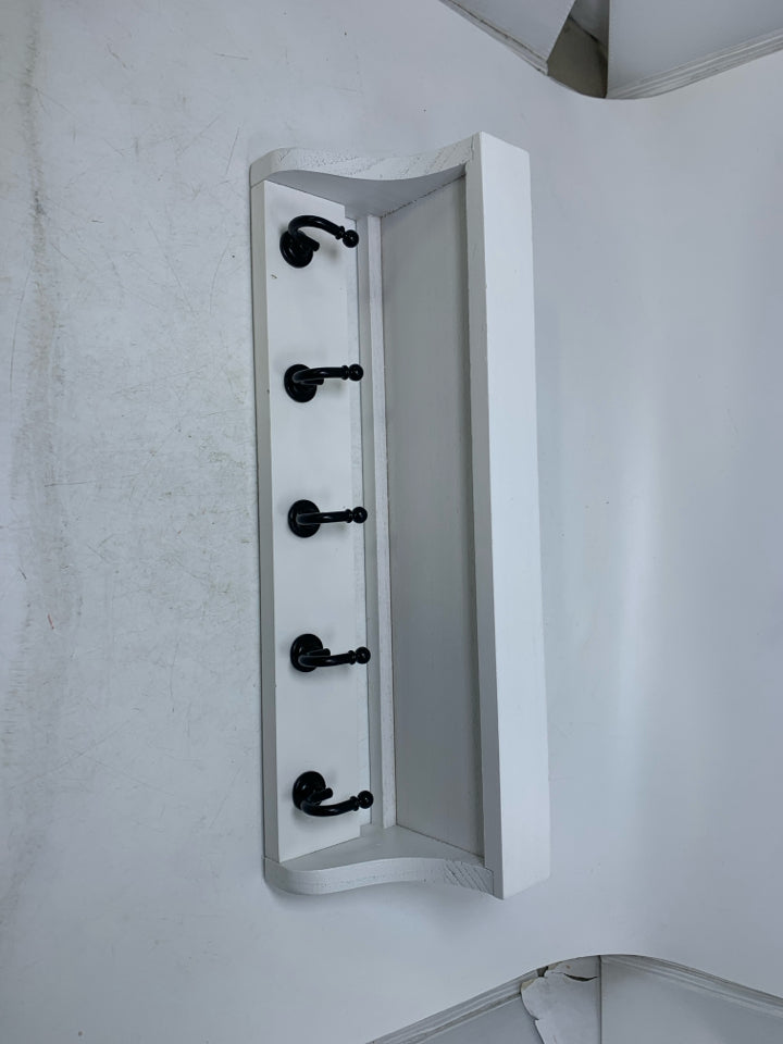WHITE SHELF W/ 5 HOOKS WALL HANGING.