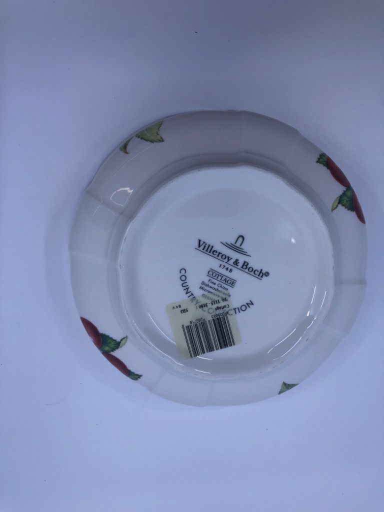 PORCELAIN WHITE BOWL BLUE TRIM APPLES- COTTAGE.