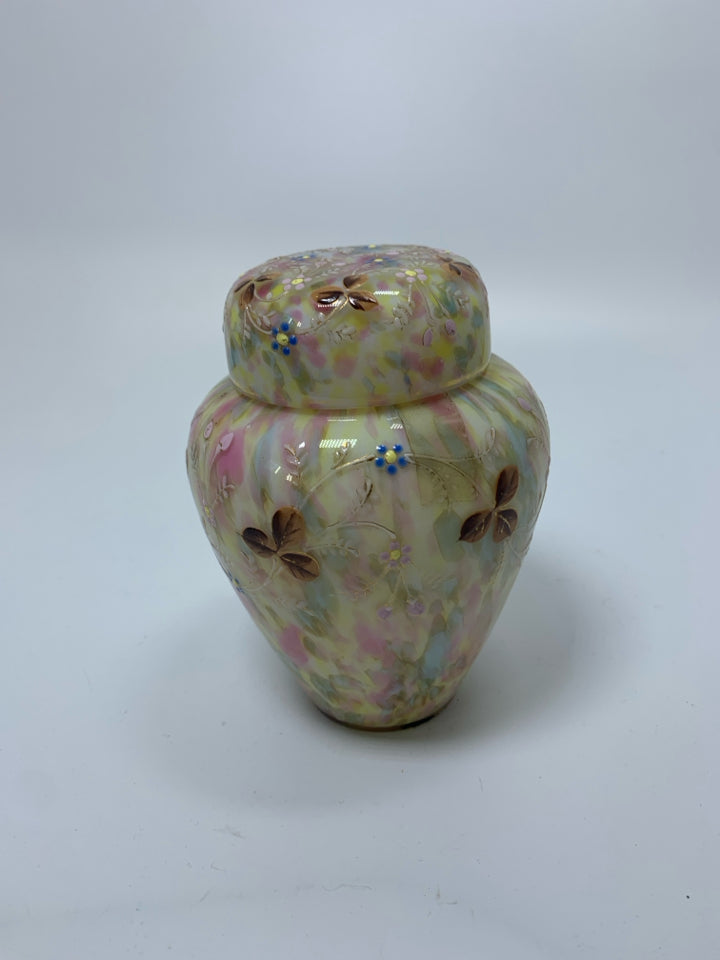 MULTI COLORED SMALL GLASS GINGER JAR W/ PAINTED CLOVERS.