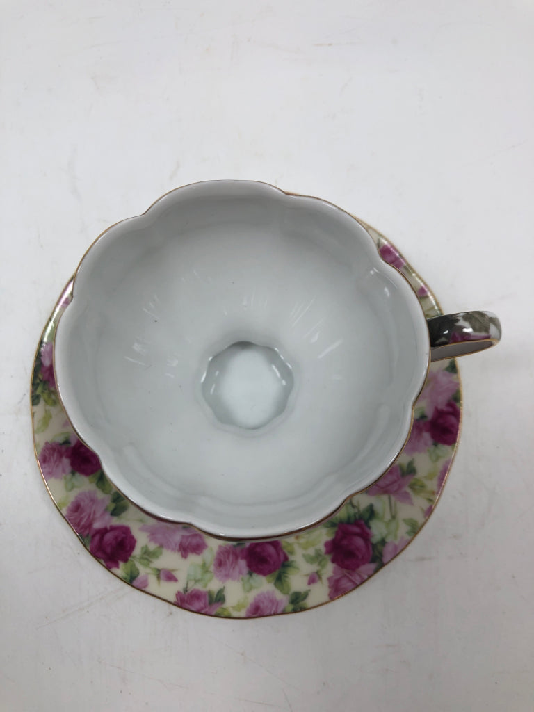 SCALLOP EDGE PINK ROSES CUP/SAUCER VICTORIA'S TEA ROOM.