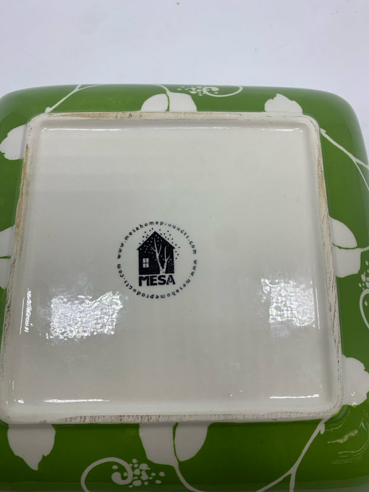 SQUARE GREEN HIBISCUS SERVING BOWL 9.