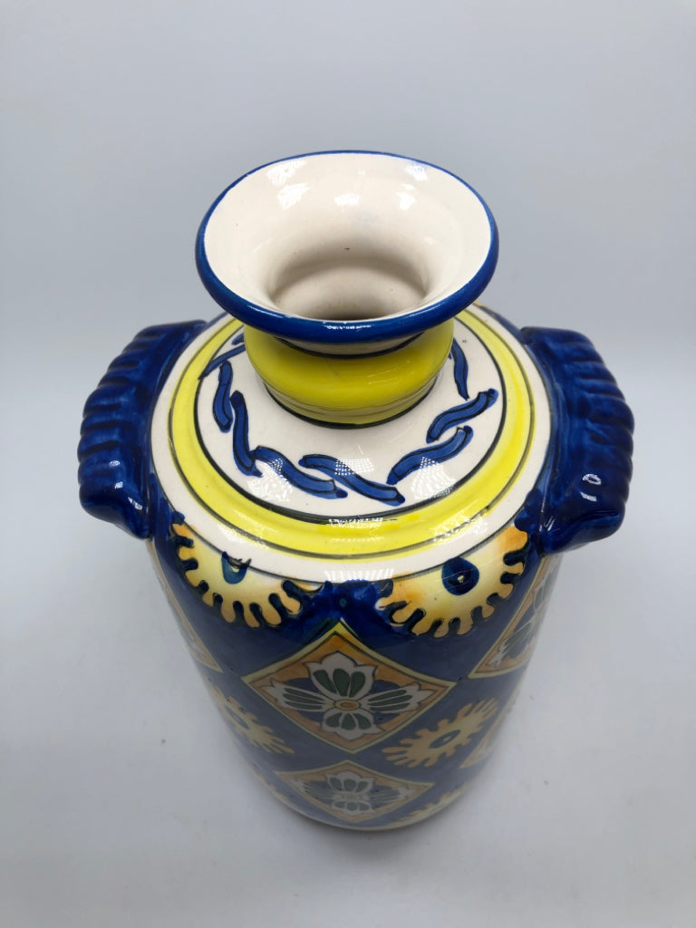 HAND PAINTED BLUE/ORANGE/GREEN/YELLOW VASE.