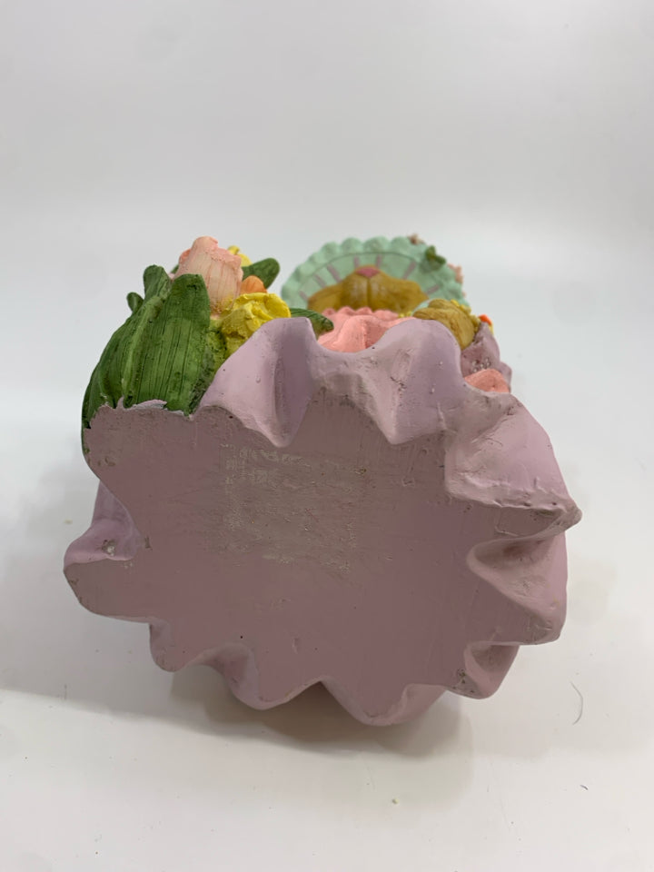 MRS BUNNY IN FLOWER HAT HOLDING DUCK.