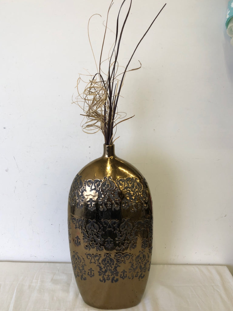 BRASS EMBOSSED WIDE VASE W TWIGS.