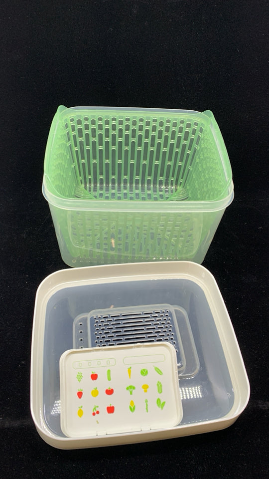 OXO PLASTIC VEGETABLE STRAINER AND STORAGE.