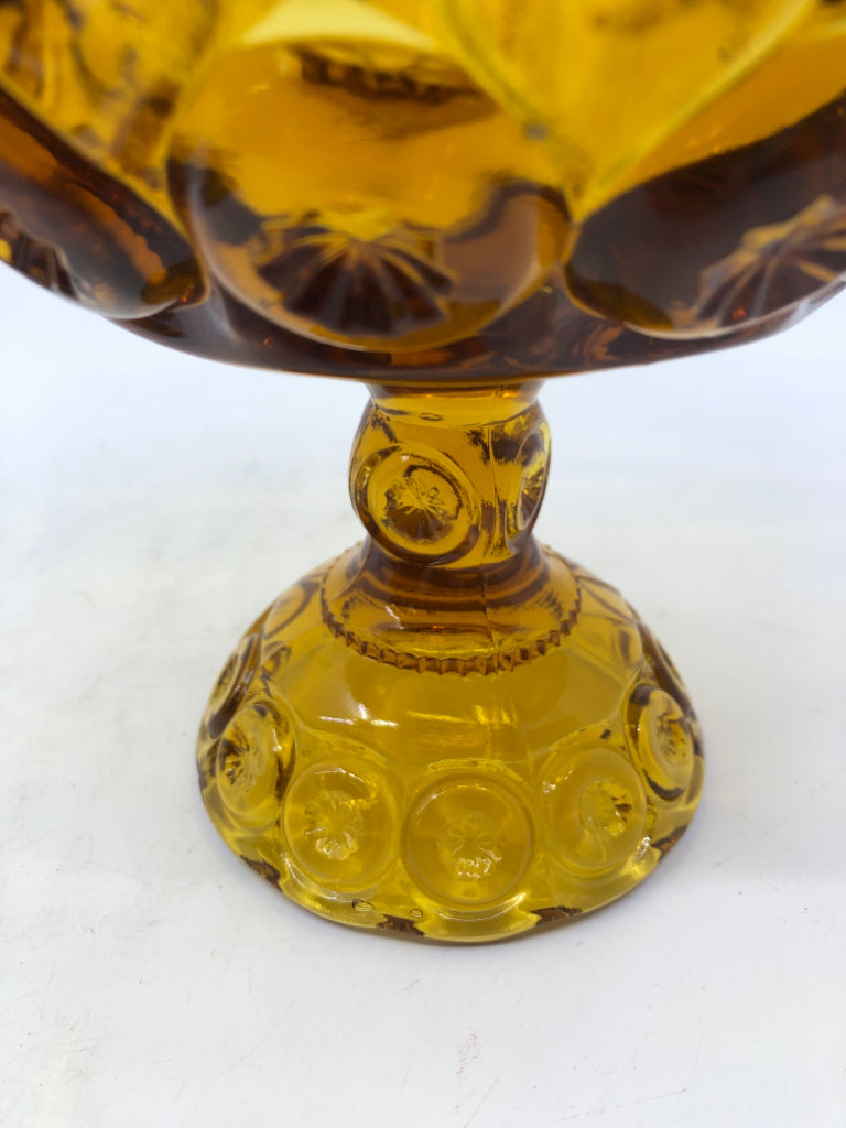 VTG FOOTED AMBER GLASS EMBOSSED CANDY DISH.