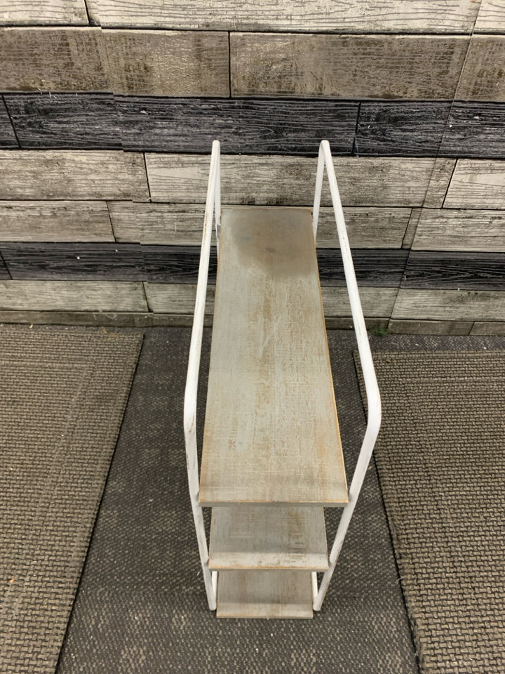 3 TIER GRAY AND WHITE WOOD SHELF.
