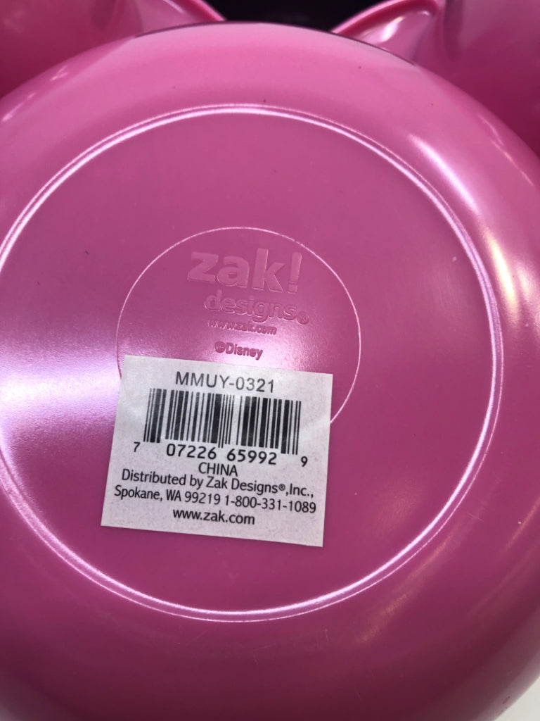 3 PINK AND BLACK MELAMINE MIKEY AND MINNIE BOWLS.