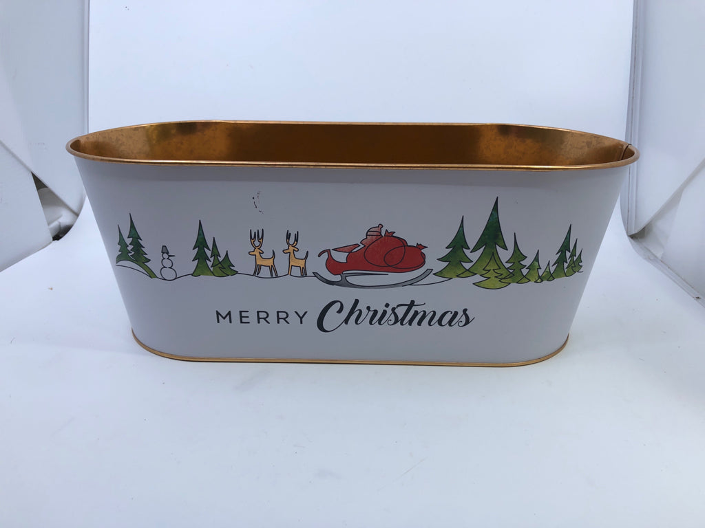 OVAL WHITE METAL BIN "MERRY CHRISTMAS".