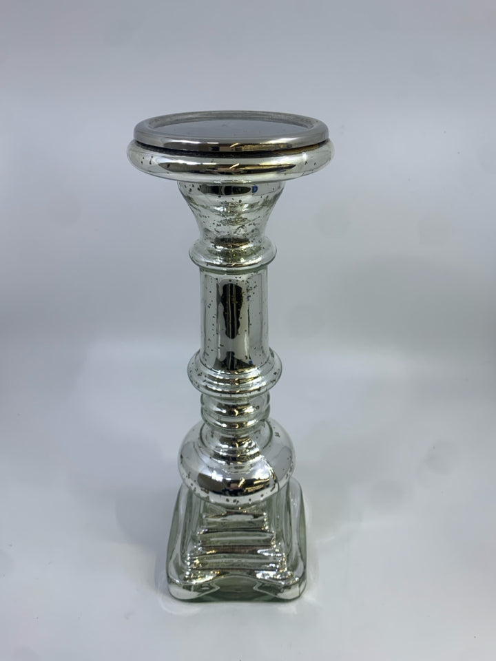 MERCURY GLASS CANDLESTICK HOLDER W/SQUARE BASE.