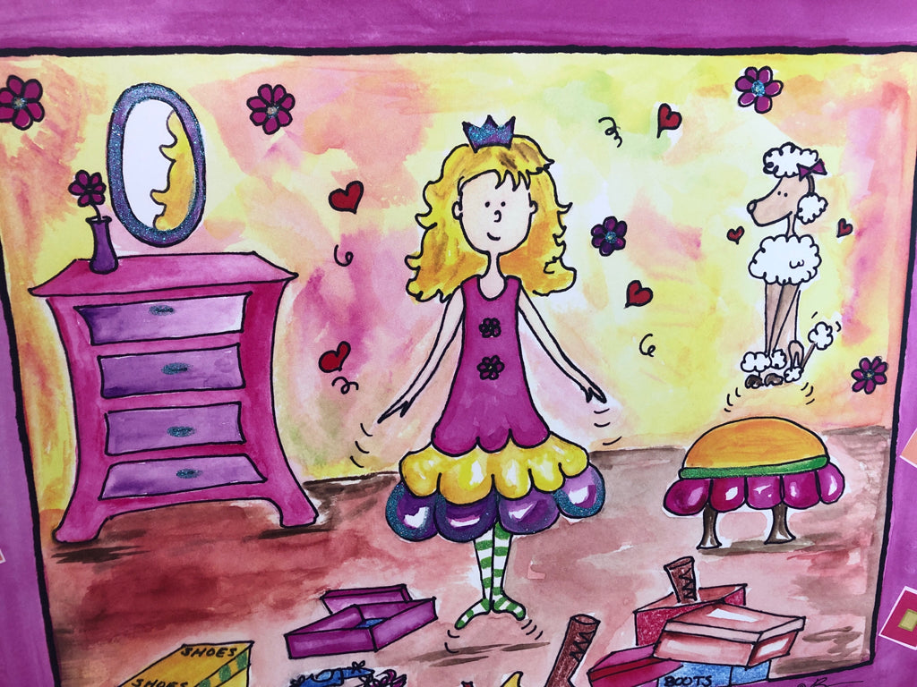 BRIGHT PINK GIRL & POODLE IN BEDROOM WALL CANVAS.