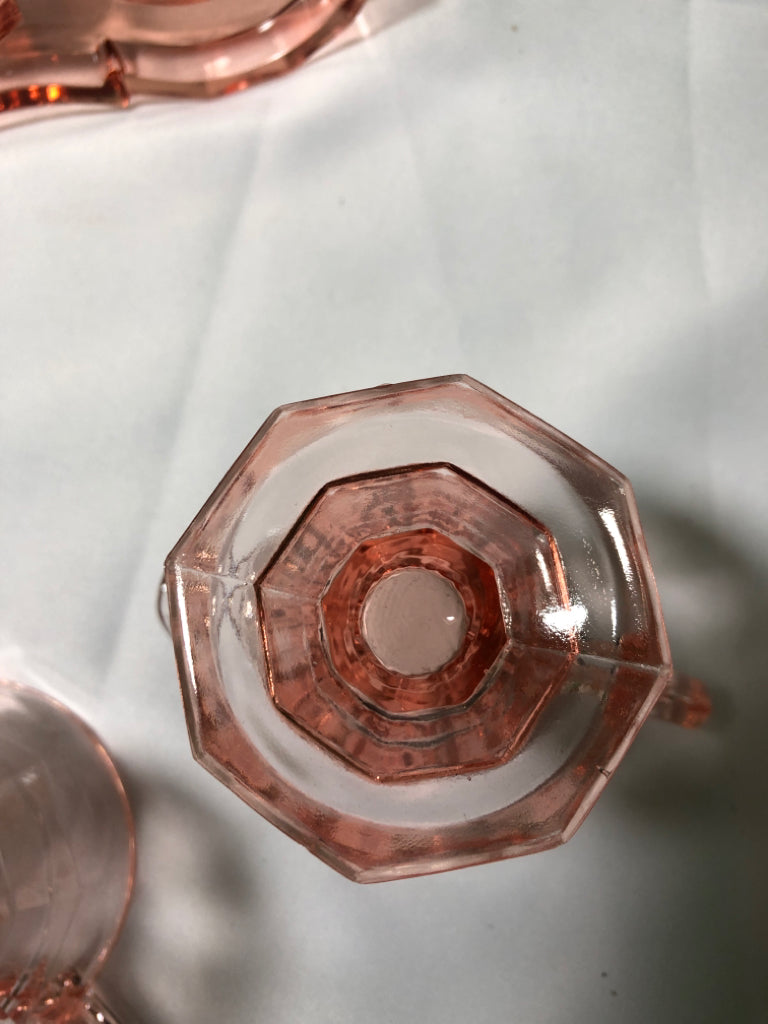 3PC VTG PINK DEPRESSION GLASS SUGAR AND CREAMER SET W STAND.