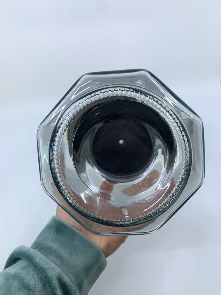 OCTAGON GLASS CANISTER W/ BLACK METAL LID.