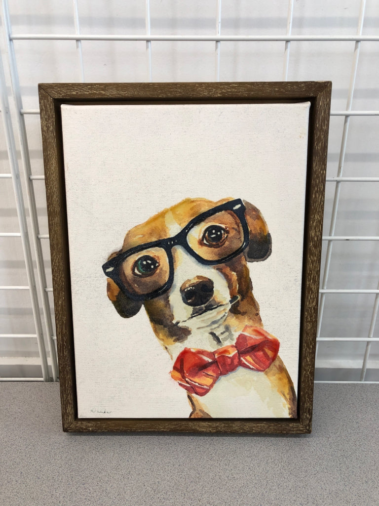 DOG WEARING GLASSES CANVAS IN WOOD FRAME.